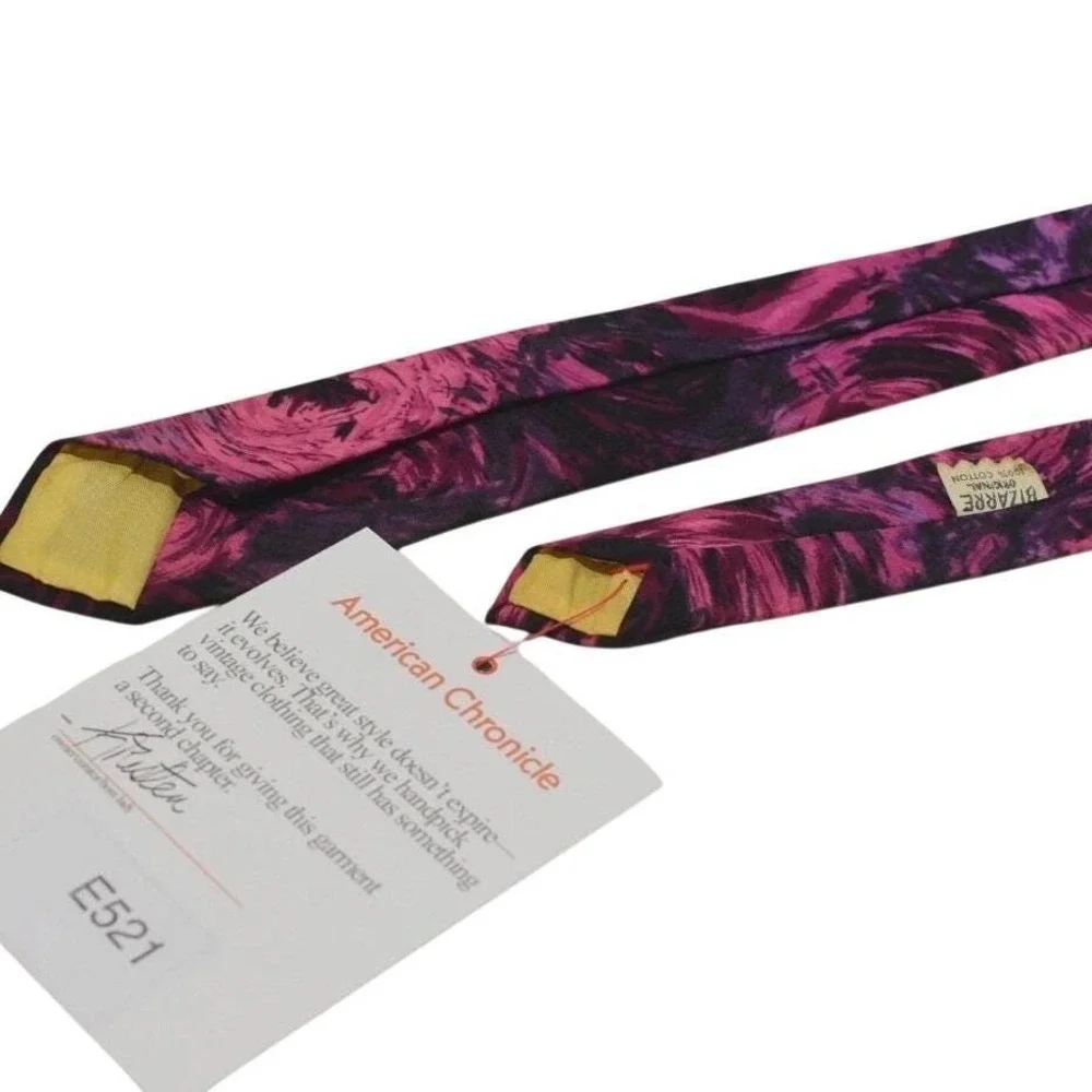 60s Vintage Skinny Tie 100% Cotton Pink Purple Black Psychedelic Rose Print